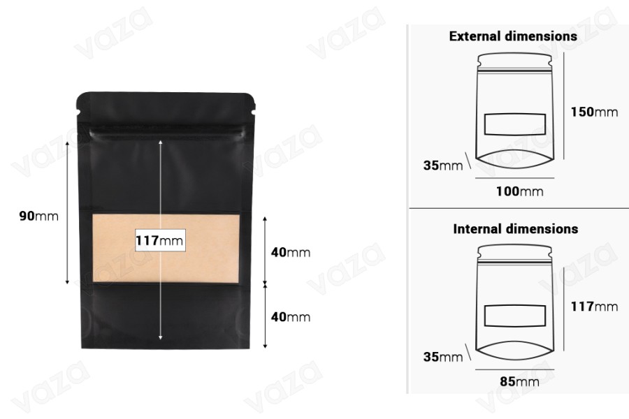 Σακουλάκια κραφτ τύπου Doy Pack, με κλείσιμο "zip", παράθυρο και δυνατότητα σφράγισης με θερμοκόλληση 100x35x150 mm - 100 τμχ Σακουλάκια κραφτ τύπου Doy Pack, με κλείσιμο "zip", παράθυρο και δυνατότητα σφράγισης με θερμοκόλληση 100x35x150 mm - 100 τμχ-εικόνα_διαστάσεις