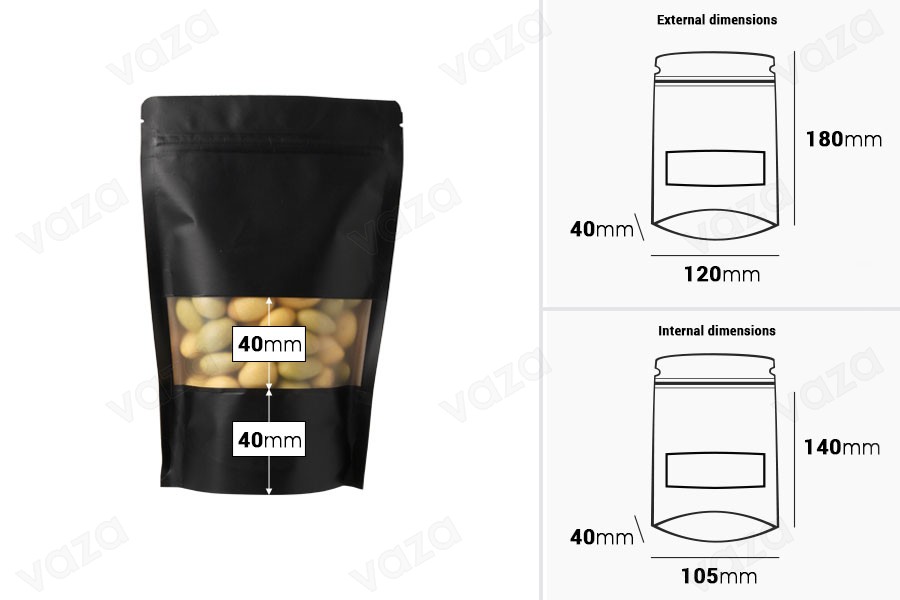 Standbodenbeutel Kraftpapier, Doy-Pack, mit Sichtfenster, Druckverschluss verschließbar 120x40x180mm - 100 Stücke-bildabmessungen