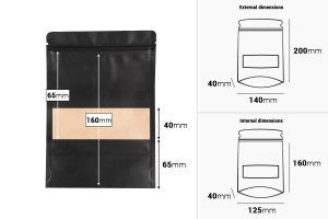 Standbodenbeutel Kraftpapier, Doy-Pack, mit Sichtfenster, Druckverschluss verschließbar 140x40x200mm - 100 Stücke-εικόνα_διαστάσεις