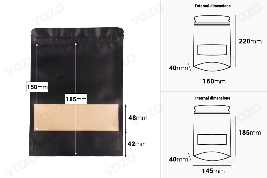Σακουλάκια κραφτ τύπου Doy Pack, με κλείσιμο "zip", παράθυρο και δυνατότητα σφράγισης με θερμοκόλληση 160x40x220 mm - 100 τμχ Σακουλάκια κραφτ τύπου Doy Pack, με κλείσιμο "zip", παράθυρο και δυνατότητα σφράγισης με θερμοκόλληση 160x40x220 mm - 100 τμχ-εικόνα_διαστάσεις