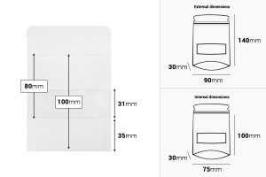 Kraftbeutel vom Typ Doy Pack  900x30x140mm  in weißer Farbe, mit Reißverschluss, Fenster und Versiegelung mit Heißsiegelung- 100 Stück-εικόνα_διαστάσεις