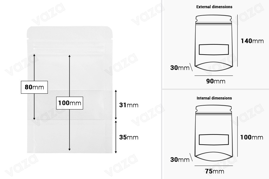 Σακουλάκια κραφτ τύπου Doy Pack 90x30x140 mm σε λευκό χρώμα, με κλείσιμο zip, παράθυρο και δυνατότητα σφράγισης με θερμοκόλληση - 100 τμχ Σακουλάκια κραφτ τύπου Doy Pack 90x30x140 mm σε λευκό χρώμα, με κλείσιμο zip, παράθυρο και δυνατότητα σφράγισης με θερμοκόλληση - 100 τμχ-εικόνα_διαστάσεις