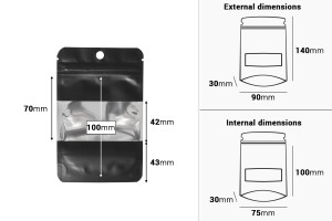 Sachets en aluminium de type Doypack  90 x 30 x 140 mm, avec fermeture zip, fenêtre et possibilité de thermoscellage - 100 pcs-εικόνα_διαστάσεις