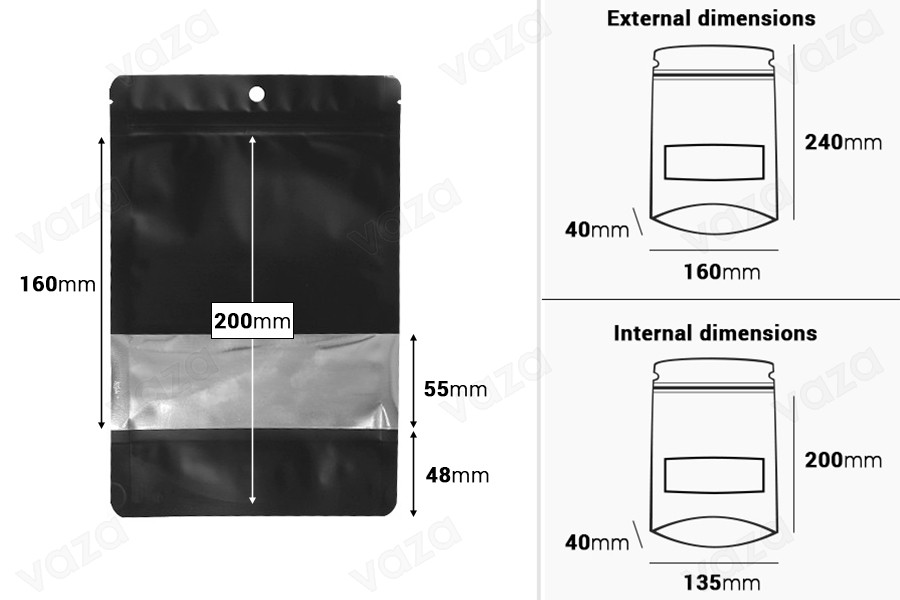 Σακουλάκια αλουμινίου τύπου Doy Pack 160x40x240 mm, με κλείσιμο "zip", παράθυρο και δυνατότητα σφράγισης με θερμοκόλληση - 100 τμχ Σακουλάκια αλουμινίου τύπου Doy Pack 160x40x240 mm, με κλείσιμο "zip", παράθυρο και δυνατότητα σφράγισης με θερμοκόλληση - 100 τμχ-εικόνα_διαστάσεις