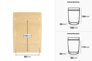 Buste formato Doypack 100x35x150 mm, retro kraft (14c), fronte trasparente (8c), con chiusura a zip, termosaldabili - 100 pz.-εικόνα_διαστάσεις