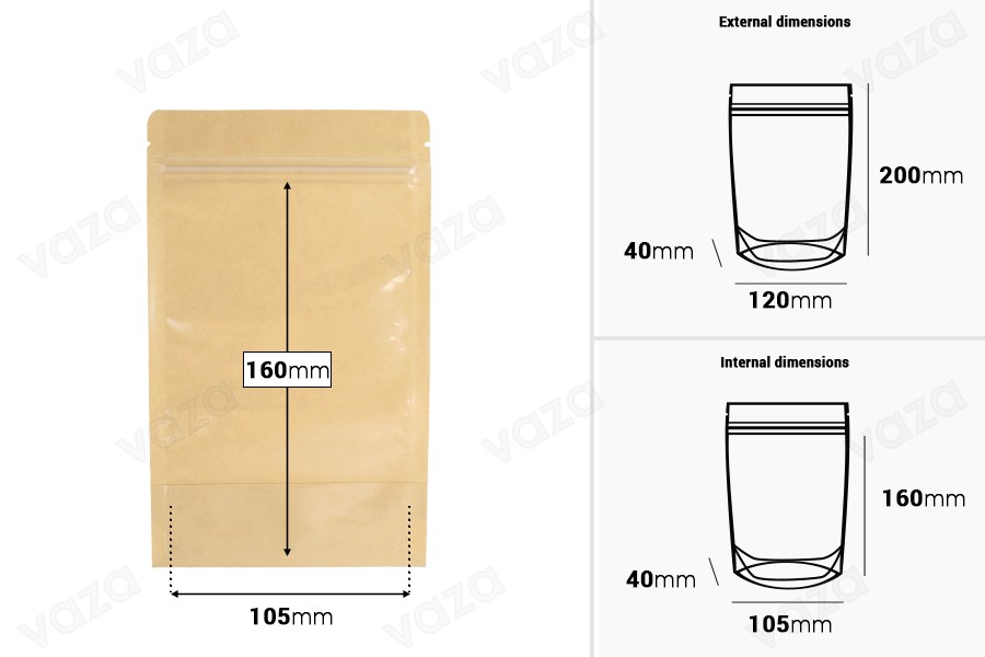 Doypack-Beutel 120x40x200 mm, Rückseite Kraftpapier (14c), Vorderseite transparent (8c), mit Reißverschluss, heißsiegelbar - 100 Stück Doypack-Beutel 120x40x200 mm, Rückseite Kraftpapier (14c), Vorderseite transparent (8c), mit Reißverschluss, heißsiegelbar - 100 Stück-εικόνα_διαστάσεις