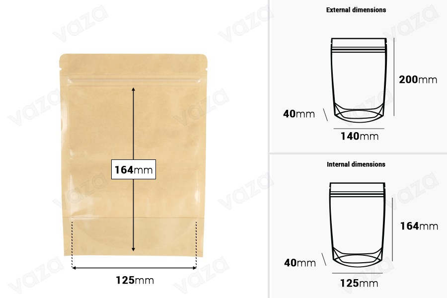 Σακουλάκια τύπου Doy Pack 140x40x200 mm κραφτ πίσω πλευρά (14c), διάφανο μπροστά (8c) με κλείσιμο "zip" και δυνατότητα σφράγισης με θερμοκόλληση - 100 τμχ-εικόνα_διαστάσεις