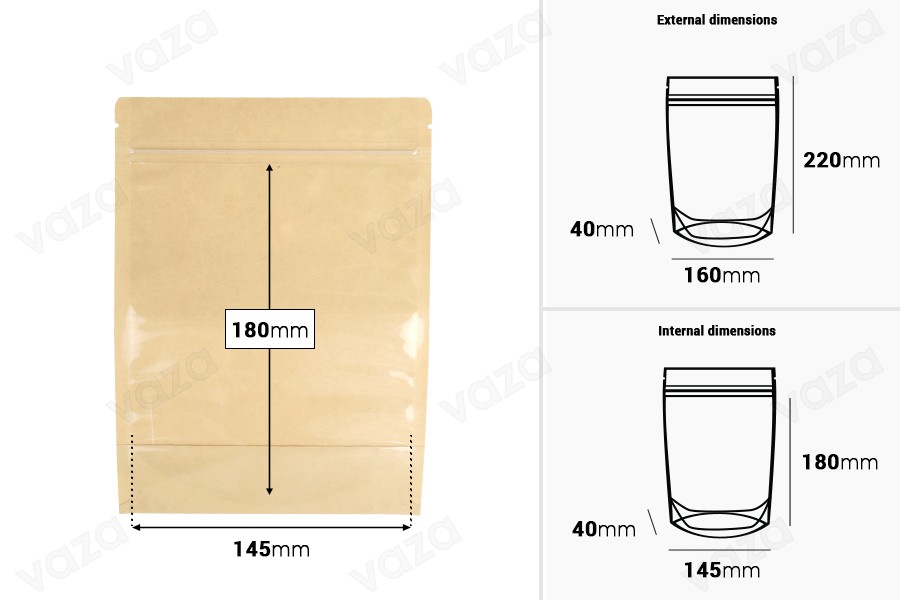 Σακουλάκια τύπου Doy Pack 160x40x220 mm κραφτ πίσω πλευρά (14c), διάφανο μπροστά (8c) με κλείσιμο "zip" και δυνατότητα σφράγισης με θερμοκόλληση - 100 τμχ-εικόνα_διαστάσεις