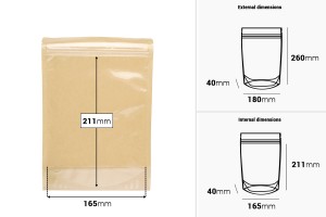 Doypack-Beutel 180x40x260 mm, Rückseite aus Kraftpapier (14c), Vorderseite aus transparentem Papier (8c), mit Reißverschluss, heißsiegelbar - 100 Stück-εικόνα_διαστάσεις