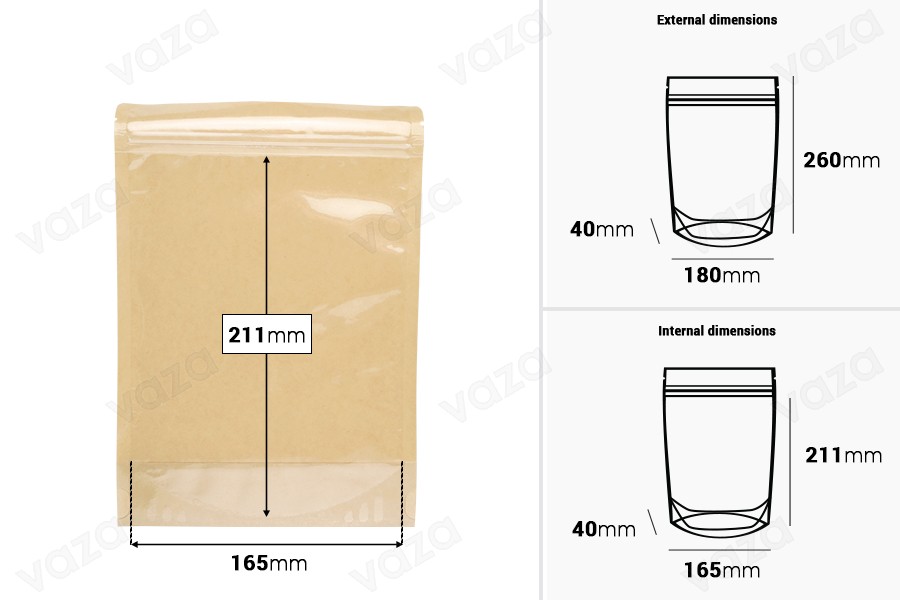 Σακουλάκια τύπου Doy Pack 180x40x260 mm κραφτ πίσω πλευρά (14c), διάφανο μπροστά (8c) με κλείσιμο "zip" και δυνατότητα σφράγισης με θερμοκόλληση - 100 τμχ-εικόνα_διαστάσεις