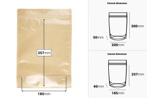 Doypack-Beutel 200x50x300 mm, Rückseite Kraftpapier (14c), Vorderseite transparent (8c), mit Reißverschluss, heißsiegelbar - 100 Stück-εικόνα_διαστάσεις