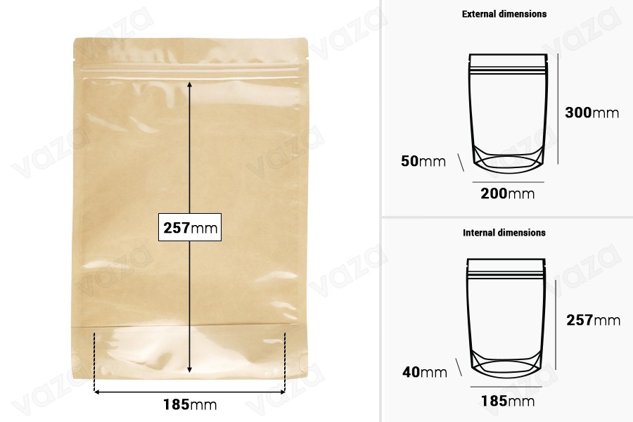 Σακουλάκια τύπου Doy Pack 200x50x300 mm κραφτ πίσω πλευρά (14c), διάφανο μπροστά (8c) με κλείσιμο "zip" και δυνατότητα σφράγισης με θερμοκόλληση - 100 τμχ-εικόνα_διαστάσεις