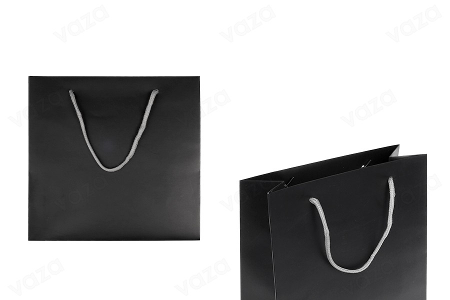 Sac cadeau noir laminé avec poignée en corde torsadée argentée, dimensions 220 x 90 x 210 mm Sac cadeau noir laminé avec poignée en corde torsadée argentée, dimensions 220 x 90 x 210 mm-εικόνα_προϊοντική