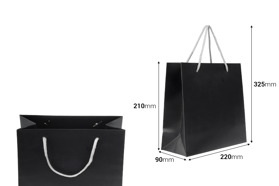 Sac cadeau noir laminé avec poignée en corde torsadée argentée, dimensions 220 x 90 x 210 mm Sac cadeau noir laminé avec poignée en corde torsadée argentée, dimensions 220 x 90 x 210 mm-photo_dimensions
