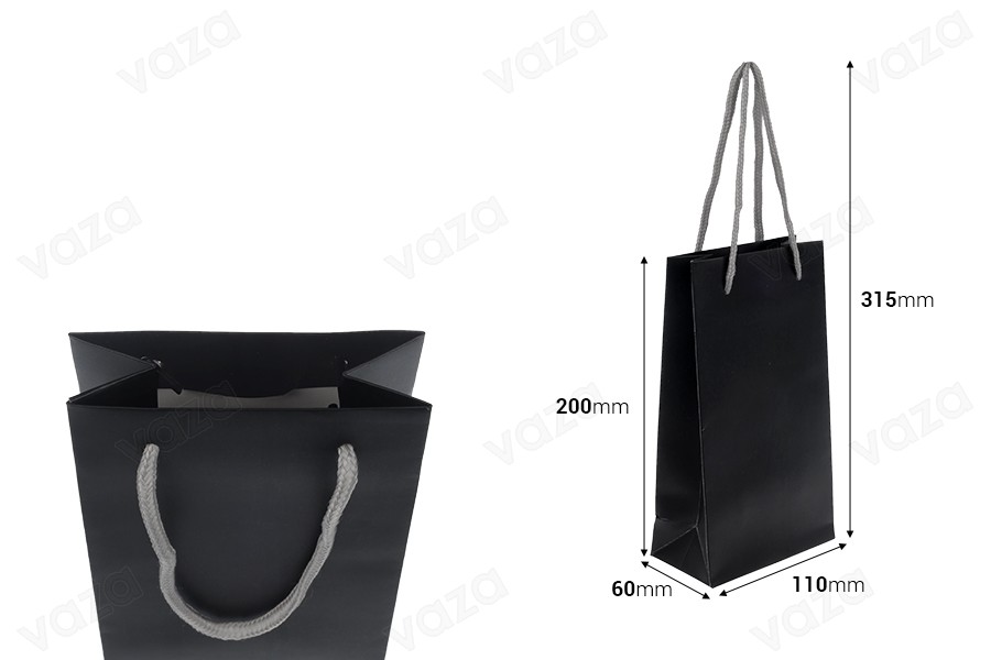 Geschenktüte 110x60x200 mm in mattschwarz mit grauer Baumwollkordel - 20 Stück Geschenktüte 110x60x200 mm in mattschwarz mit grauer Baumwollkordel - 20 Stück-bildabmessungen