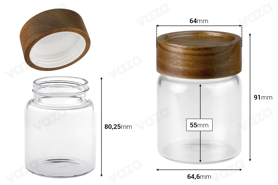 Βάζο γυάλινο 160 ml κυλινδρικό με ξύλινο καπάκι Βάζο γυάλινο 160 ml κυλινδρικό με ξύλινο καπάκι-εικόνα_διαστάσεις