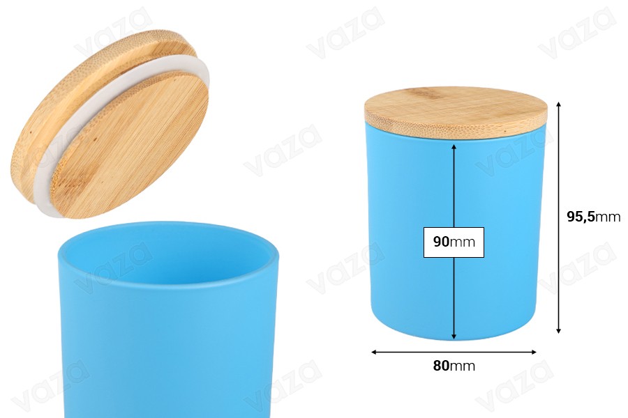 Βάζο γυάλινο 300 ml με ξύλινο καπάκι και λάστιχο σε διάφορα χρώματα-εικόνα_διαστάσεις
