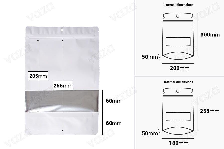 Σακουλάκια αλουμινίου τύπου Doy Pack 200x50x300 mm με κλείσιμο "zip", παράθυρο και δυνατότητα σφράγισης με θερμοκόλληση - 100 τμχ-εικόνα_διαστάσεις