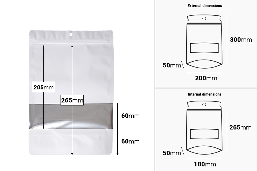 Sachets en aluminium Doypack 200 x 50 x 300 mm avec fermeture zip, fenêtre et possibilité de thermoscellage - 100 pcs-photo_dimensions