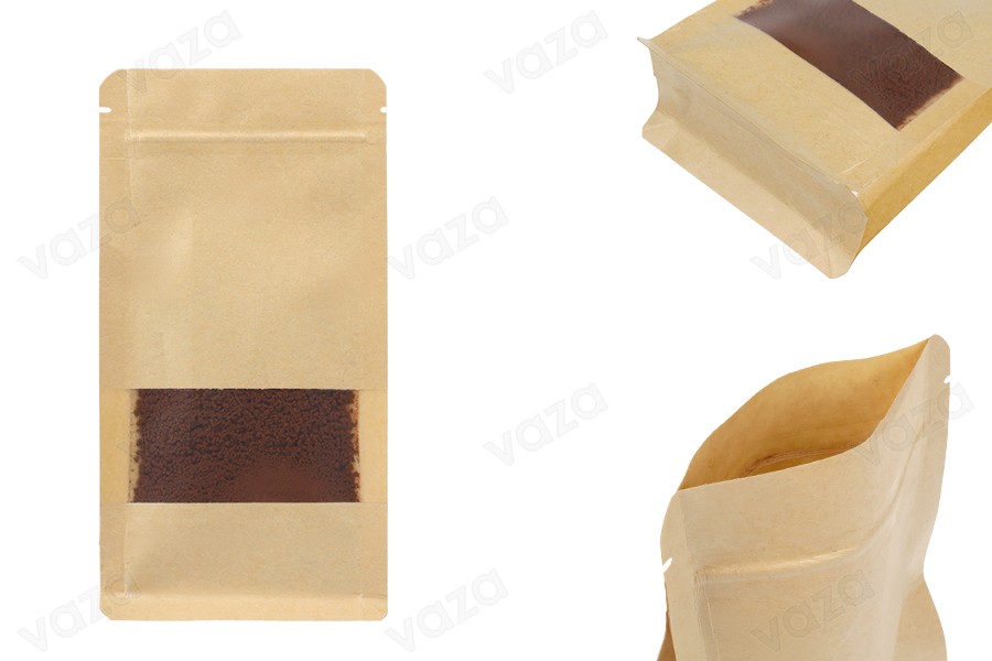 Doy Pack kraft bags 100x60x200mm, with "zip" closure, window, inner and outer transparent lining and possibility of sealing with heat sealing - 50 pcs. Doy Pack kraft bags 100x60x200mm, with "zip" closure, window, inner and outer transparent lining and possibility of sealing with heat sealing - 50 pcs.-image_product