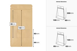 Doy Pack Kraftpapierbeutel 100x60x200mm, mit Reißverschluss, Sichtfenster, innen und außen transparenter Auskleidung und Möglichkeit der Heißsiegelung - 50 Stück.-εικόνα_διαστάσεις