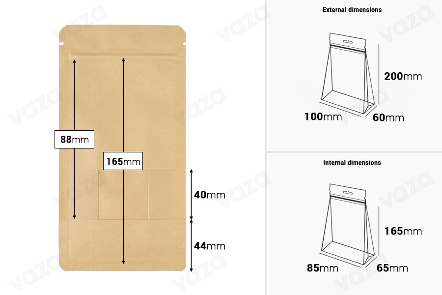 Doy Pack kraft bags 100x60x200mm, with "zip" closure, window, inner and outer transparent lining and possibility of sealing with heat sealing - 50 pcs. Doy Pack kraft bags 100x60x200mm, with "zip" closure, window, inner and outer transparent lining and possibility of sealing with heat sealing - 50 pcs.-image_dimensions