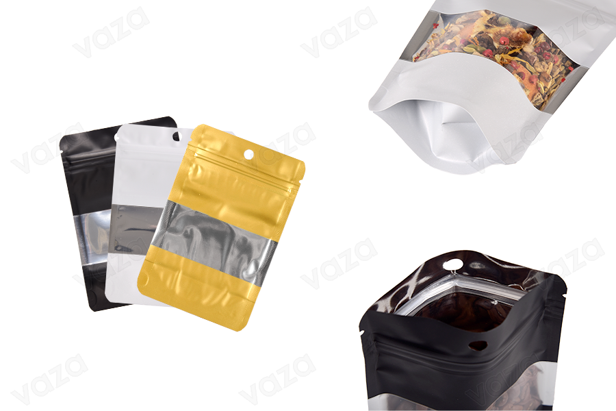 Aluminum Doypack stand-up pouch 100x30x150mm, with zipper, window and heat sealable - 100 pcs Aluminum Doypack stand-up pouch 100x30x150mm, with zipper, window and heat sealable - 100 pcs-image_product
