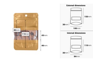 Doy Pack-Aluminiumbeutel 100x30x150mm mit Reißverschluss und Fenster und Möglichkeit zum Heißsiegeln - 100 Stück-εικόνα_διαστάσεις