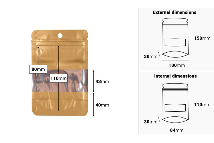 Aluminum Doypack stand-up pouch 100x30x150mm, with zipper, window and heat sealable - 100 pcs-image_dimensions
