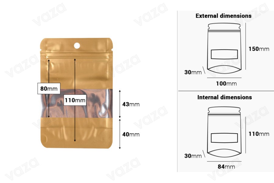 Σακουλάκια αλουμινίου τύπου Doy Pack 100x30x150 mm με κλείσιμο "zip", παράθυρο και δυνατότητα σφράγισης με θερμοκόλληση - 100 τμχ Σακουλάκια αλουμινίου τύπου Doy Pack 100x30x150 mm με κλείσιμο "zip", παράθυρο και δυνατότητα σφράγισης με θερμοκόλληση - 100 τμχ-εικόνα_διαστάσεις