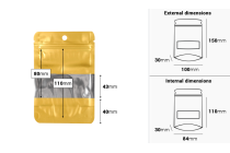 Aluminum Doypack stand-up pouch 100x30x150mm, with zipper, window and heat sealable - 100 pcs Aluminum Doypack stand-up pouch 100x30x150mm, with zipper, window and heat sealable - 100 pcs-image_dimensions