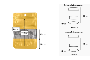 Sachets en aluminium Doypack 100 x 30 x 150 mm avec fermeture zip, fenêtre et possibilité de thermoscellage - 100 pcs-εικόνα_διαστάσεις