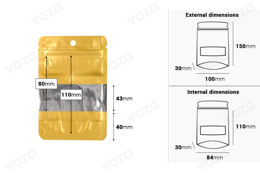 Aluminum Doypack stand-up pouch 100x30x150mm, with zipper, window and heat sealable - 100 pcs Aluminum Doypack stand-up pouch 100x30x150mm, with zipper, window and heat sealable - 100 pcs-image_dimensions