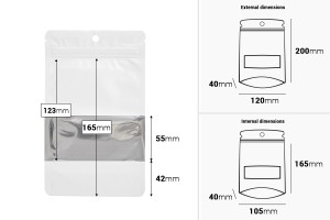 Doy Pack-Aluminiumbeutel 120x40x200 mm mit Reißverschluss, Fenster und Möglichkeit zum Versiegeln mit Heißsiegeln - 100 Stück-εικόνα_διαστάσεις