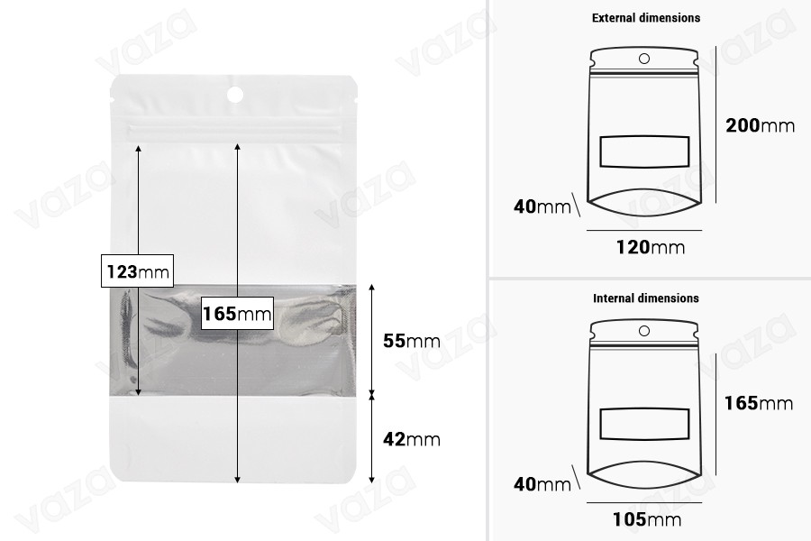 Qese alumini tip Doy Pack 120x40x200 mm, me mbyllje “zip”, dritare dhe mundësi mbylljeje me ngjitje termike – 100 copë.-εικόνα_διαστάσεις