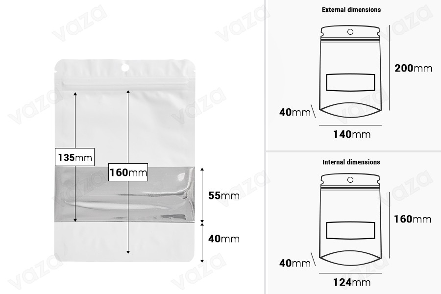 Doy Pack Aluminiumbeutel 140x40x200 mm mit Reißverschluss, Fenster und Möglichkeit zum Heißsiegeln - 100 Stück Doy Pack Aluminiumbeutel 140x40x200 mm mit Reißverschluss, Fenster und Möglichkeit zum Heißsiegeln - 100 Stück-bildabmessungen