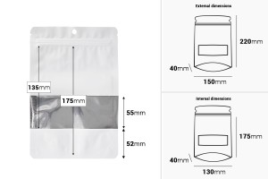 Doy Pack Aluminiumbeutel 150x40x220 mm mit Reißverschluss, Fenster und Möglichkeit zum Heißsiegeln - 100 Stück-εικόνα_διαστάσεις