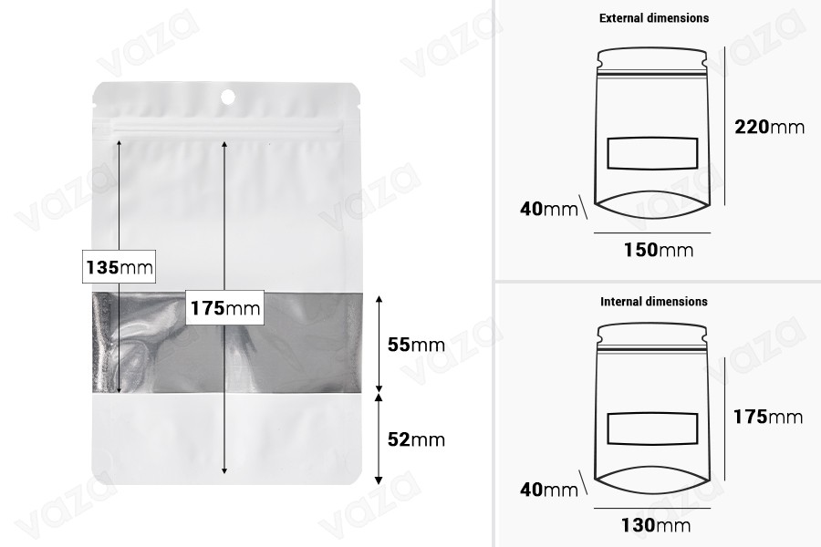 Σακουλάκια αλουμινίου τύπου Doy Pack 150x40x220 mm με κλείσιμο "zip", παράθυρο και δυνατότητα σφράγισης με θερμοκόλληση - 100 τμχ Σακουλάκια αλουμινίου τύπου Doy Pack 150x40x220 mm με κλείσιμο "zip", παράθυρο και δυνατότητα σφράγισης με θερμοκόλληση - 100 τμχ-εικόνα_διαστάσεις
