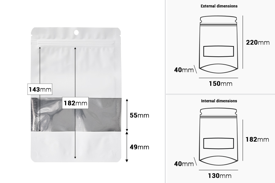Sachets en aluminium Doypack 150 x 40 x 220 mm avec fermeture zip, fenêtre et possibilité de thermoscellage - 100 pcs-photo_dimensions