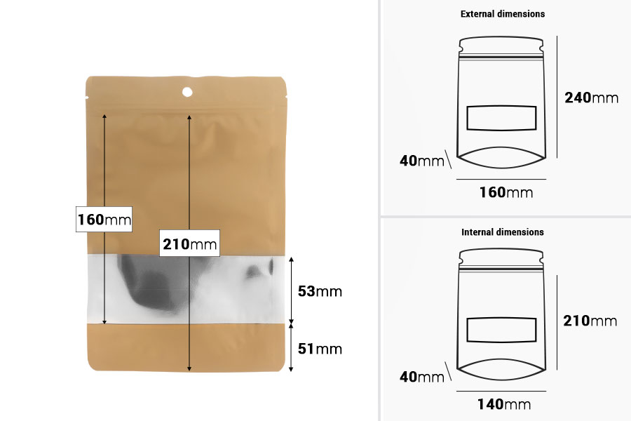 Σακουλάκια αλουμινίου τύπου Doy Pack 160x40x240 mm με κλείσιμο "zip", παράθυρο και δυνατότητα σφράγισης με θερμοκόλληση - 100 τμχ Σακουλάκια αλουμινίου τύπου Doy Pack 160x40x240 mm με κλείσιμο "zip", παράθυρο και δυνατότητα σφράγισης με θερμοκόλληση - 100 τμχ-εικόνα_διαστάσεις