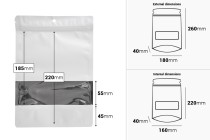 Qese alumini tip Doy Pack 180x40x260 mm, me mbyllje “zip”, dritare dhe mundësi mbylljeje me ngjitje termike – 100 copë.-imazh_dimensione