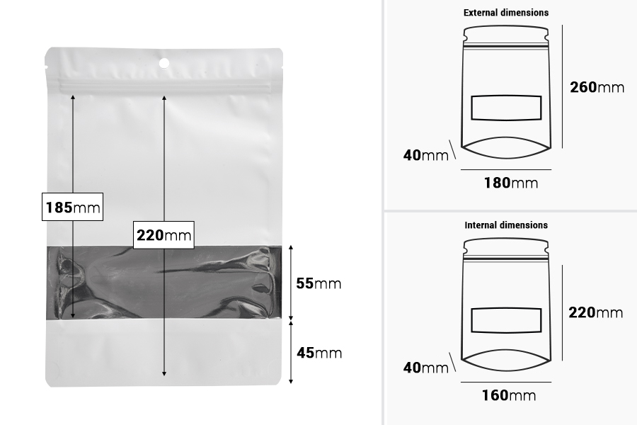 Qese alumini tip Doy Pack 180x40x260 mm, me mbyllje “zip”, dritare dhe mundësi mbylljeje me ngjitje termike – 100 copë.-imazh_dimensione