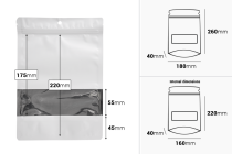 Sacchetti in alluminio tipo Doy Pack 180x40x260 mm chiusura a zip, finestra e possibilità di sigillare con termosaldatura 100 pz-dimensioni_immagine