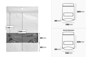 Σακουλάκια αλουμινίου τύπου Doy Pack 180x40x260 mm με κλείσιμο "zip", παράθυρο και δυνατότητα σφράγισης με θερμοκόλληση - 100 τμχ-εικόνα_διαστάσεις