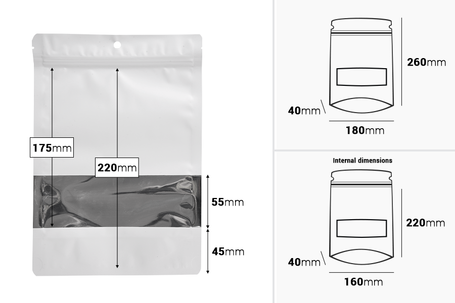 Sacchetti in alluminio tipo Doy Pack 180x40x260 mm chiusura a zip, finestra e possibilità di sigillare con termosaldatura 100 pz-dimensioni_immagine