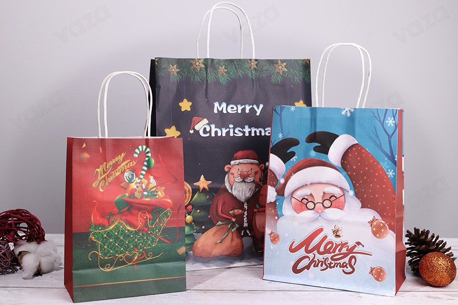 Sac cadeau de Noël en papier 150x80x210 mm avec poignée - 12 pièces-photo_groupe