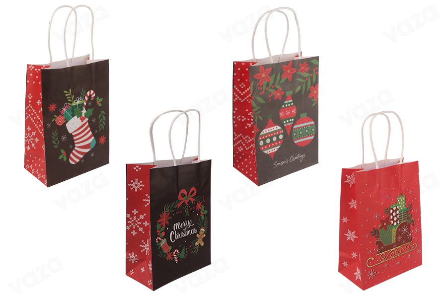 Sacs cadeaux en papier 150x80x210 mm avec différents motifs de Noël et anse - 12 pièces-photo_produit
