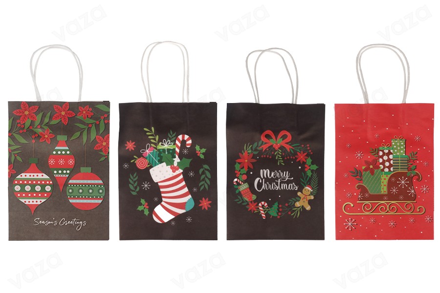 Sacs cadeaux en papier 150x80x210 mm avec différents motifs de Noël et anse - 12 pièces-photo_groupe