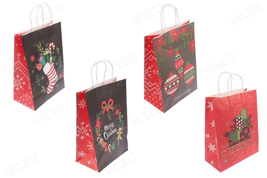 Sac cadeau en papier 255x125x330 mm avec différents motifs de Noël et anse - 12 pièces Sac cadeau en papier 255x125x330 mm avec différents motifs de Noël et anse - 12 pièces-photo_produit