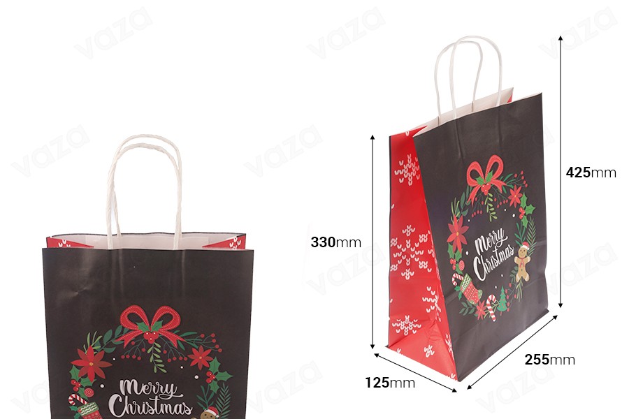 Sac cadeau en papier 255x125x330 mm avec différents motifs de Noël et anse - 12 pièces Sac cadeau en papier 255x125x330 mm avec différents motifs de Noël et anse - 12 pièces-photo_dimensions